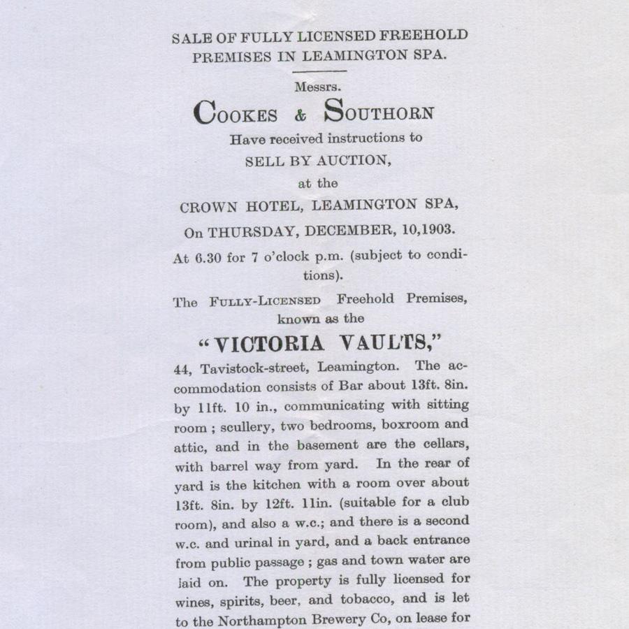 Victoria Vaults, Leamington Spa, 1903 Auction -  select me for a larger image