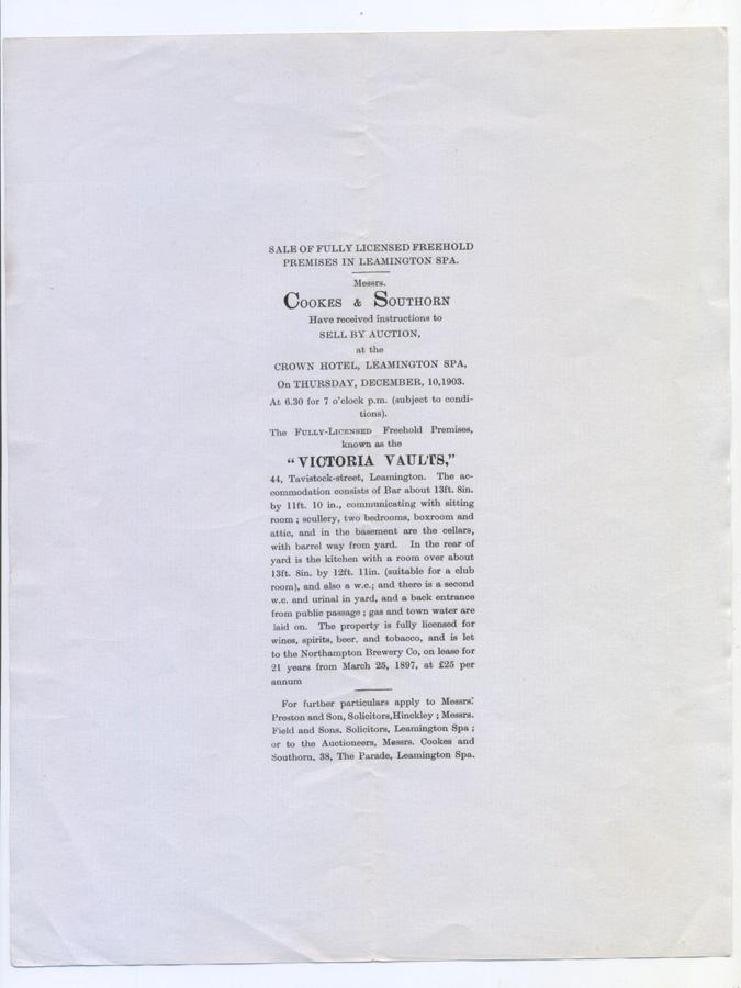 Victoria Vaults, Leamington Spa, 1903 Auction -  select me for a larger image