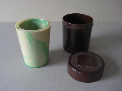 Beakers in case, marbled green -  select me for a larger image